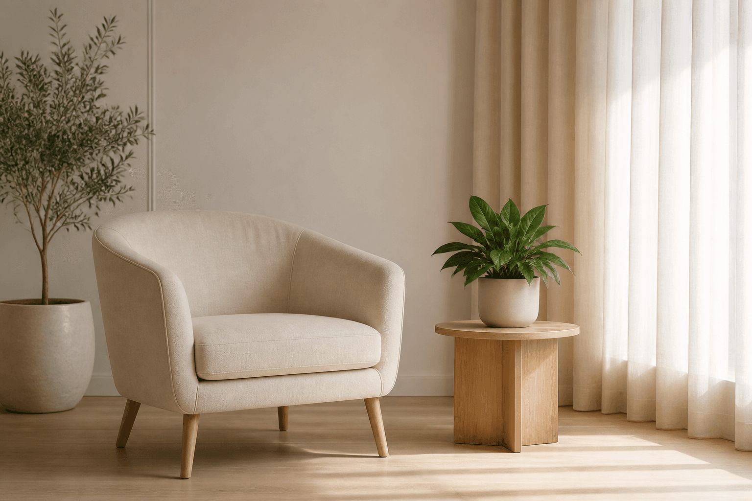 Consultorio cálido con sillón claro, plantas y luz natural suave.